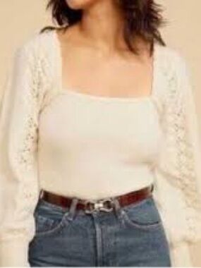 Rouje Cream Wool Knit Square-Neck Top Sweater